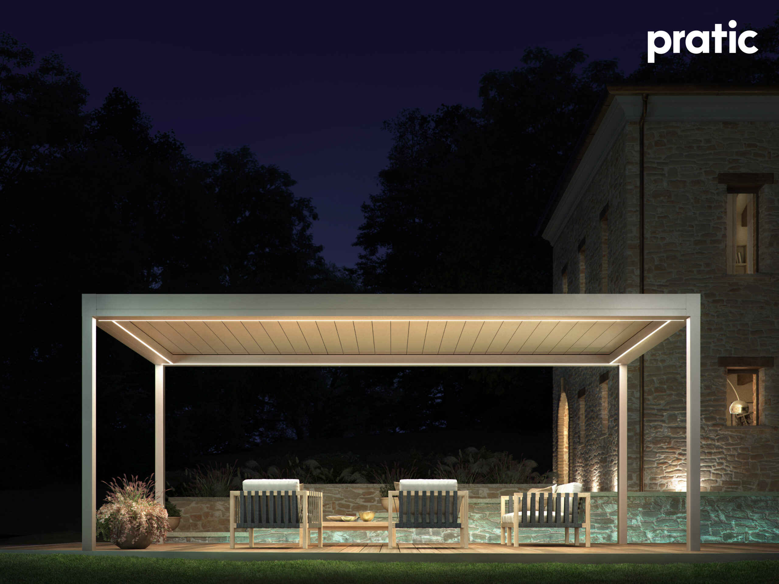 Pérgola de lona en jardín, alba butterfly, pergotenta, pérgola de lona