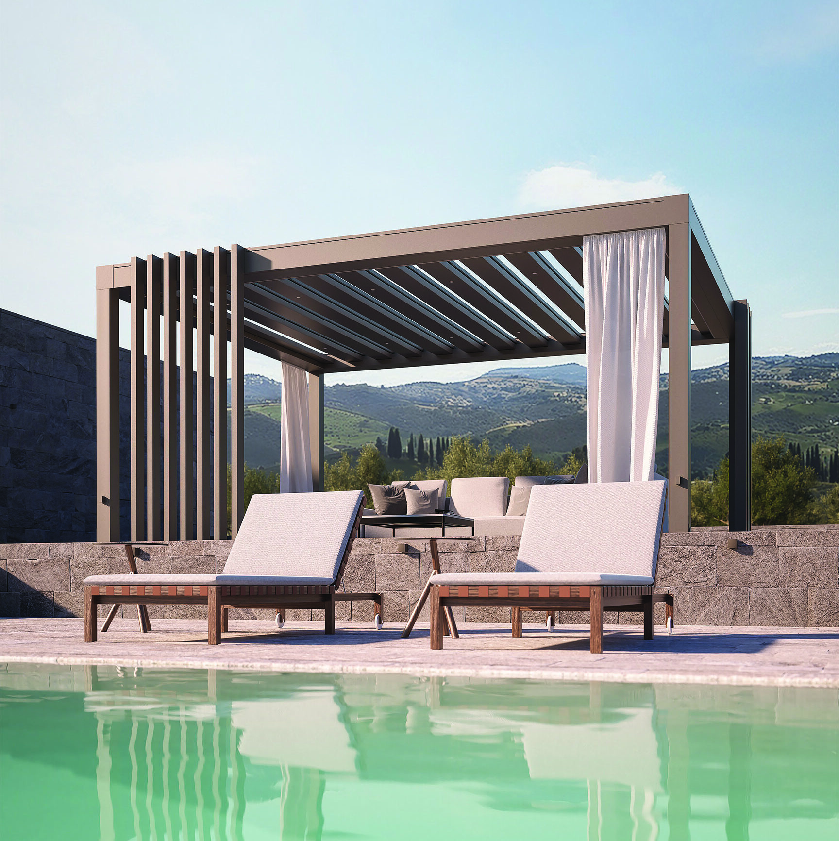 Pérgola de lona en jardín, alba butterfly, pergotenta, pérgola de lona