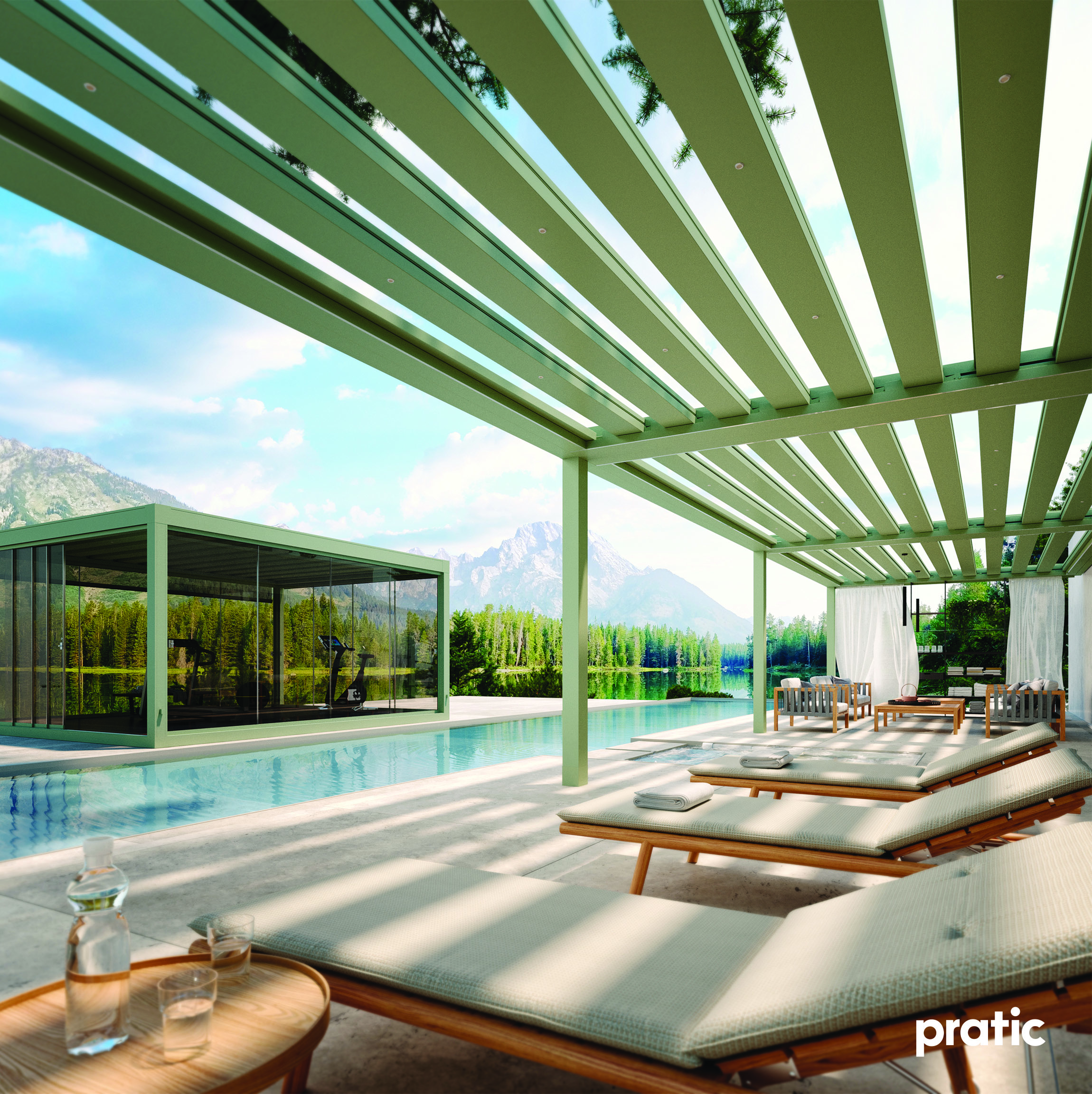 Pérgola de lona en jardín, alba butterfly, pergotenta, pérgola de lona