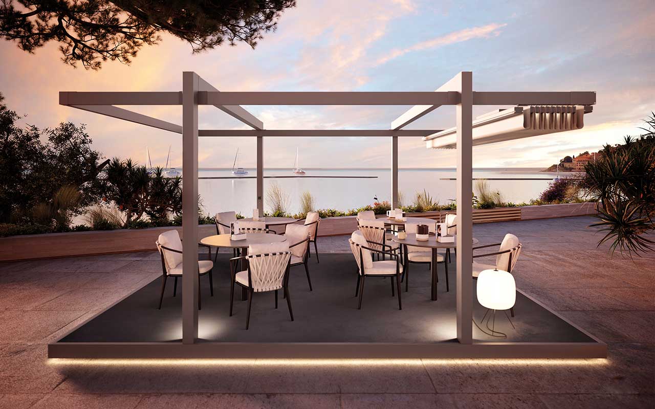 Pérgola de lona en jardín, alba butterfly, pergotenta, pérgola de lona