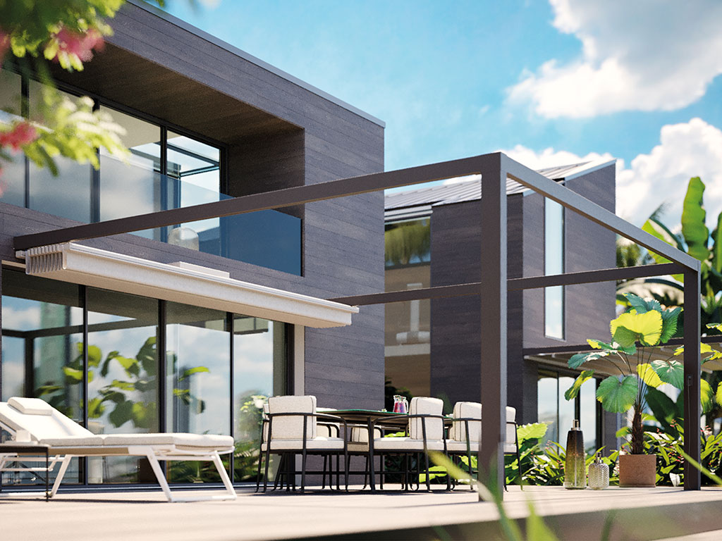 Pérgola de lona en jardín, alba butterfly, pergotenta, pérgola de lona