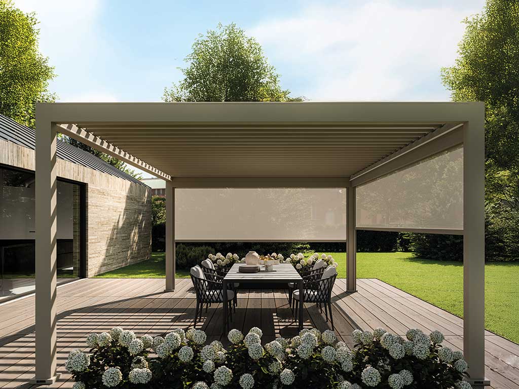 Pérgola de lona en jardín, alba butterfly, pergotenta, pérgola de lona
